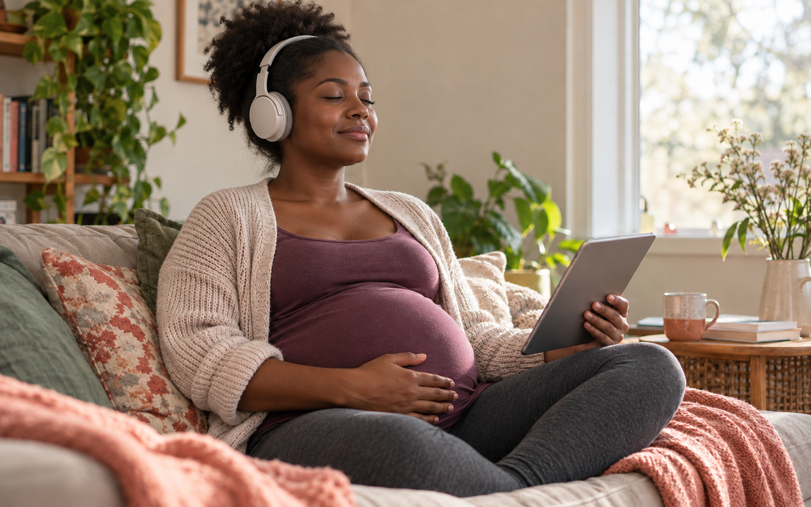 A pregnant woman listens to a guided exercise on headphones while holding a tablet at home.