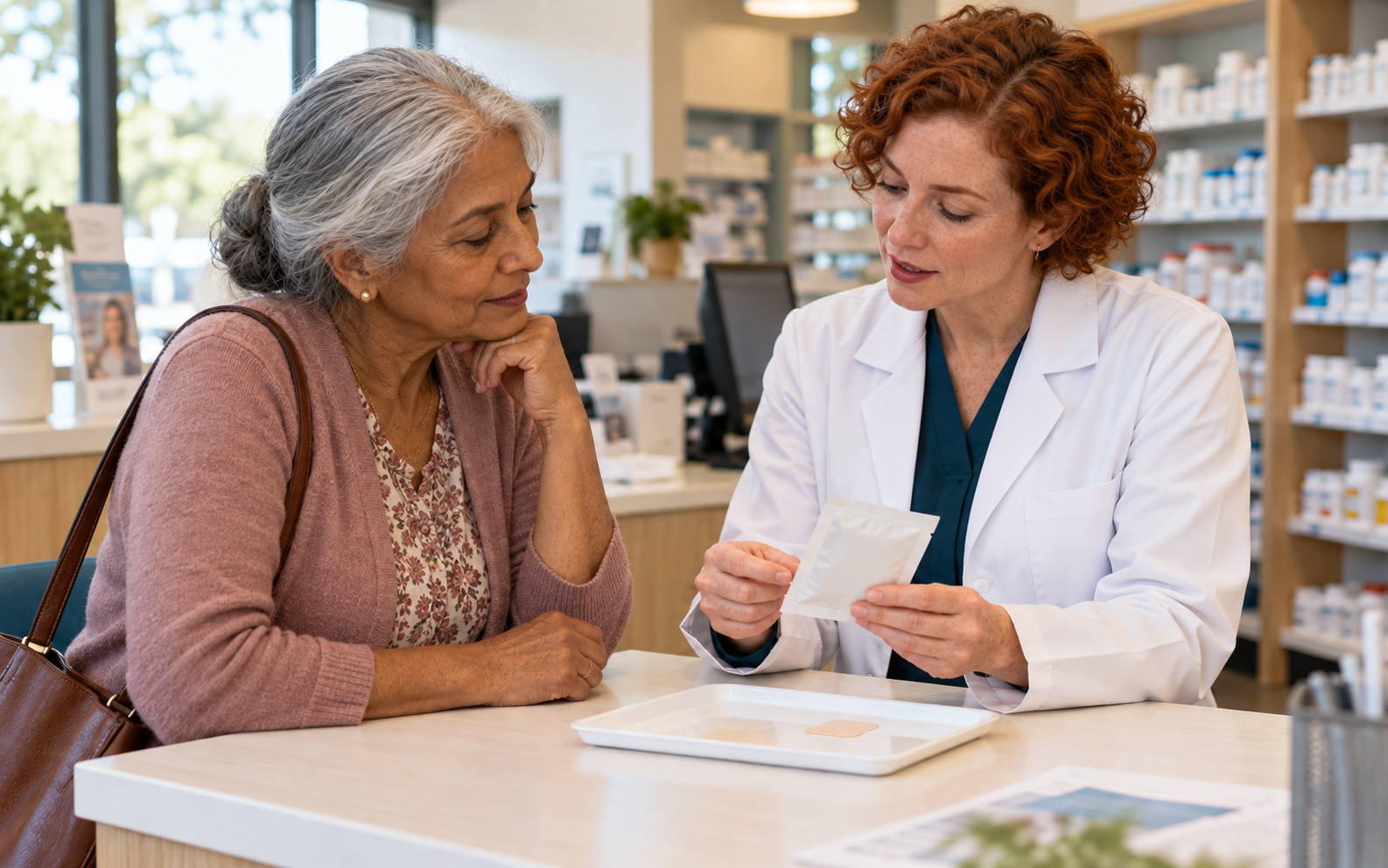 A pharmacist discusses an unbranded transdermal patch and plain packet with a mature woman.