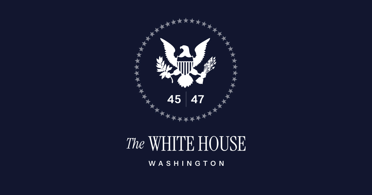 Official White House presidential-actions graphic with a white portico above a blue star field.