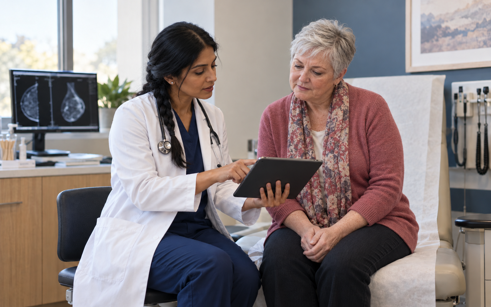 An oncologist and a woman review treatment information together in a breast clinic.